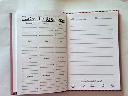 A5 hardbound journal growing beyond limits maroon diary "Dates to Remember" Page