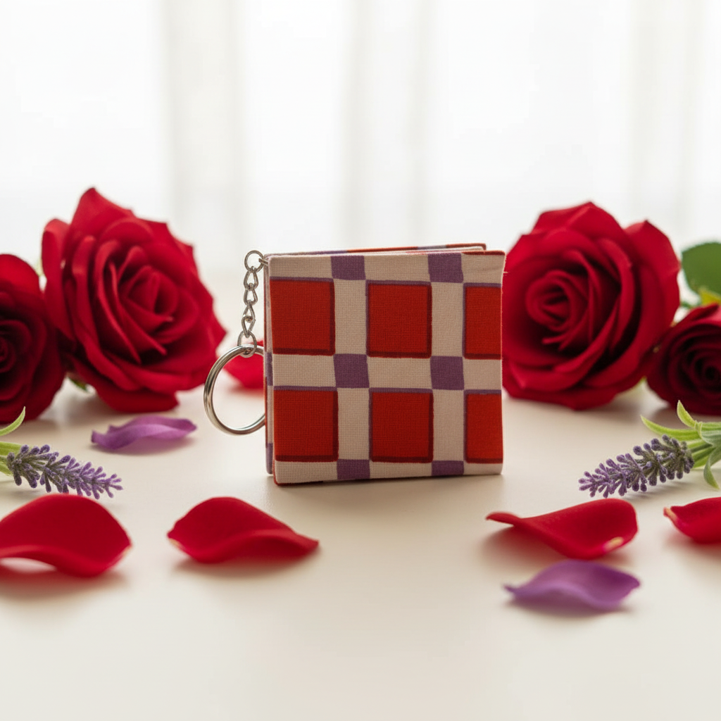 Professional Product Photo - Red Cream Purple Checkered Keychain Diary - Short Chain