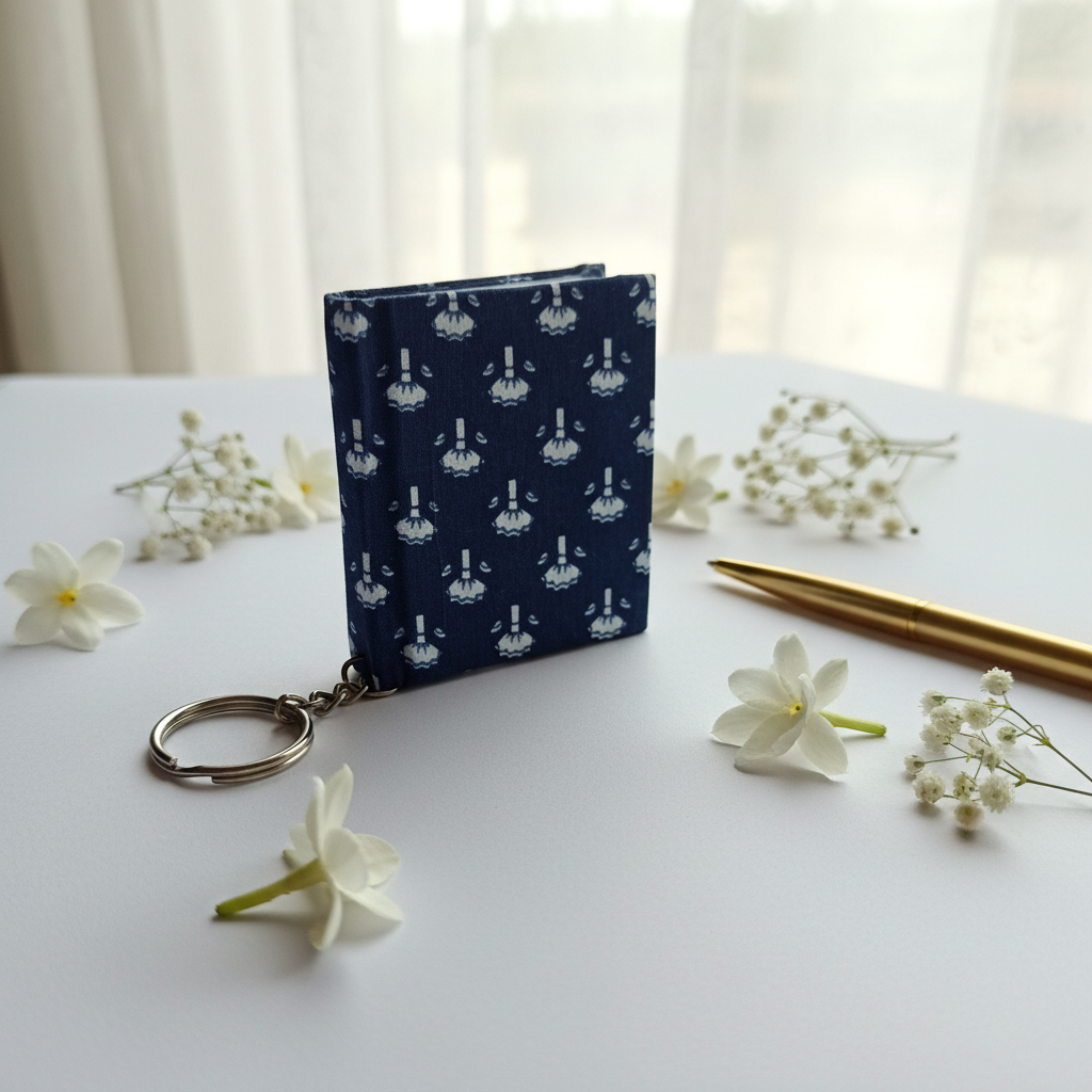 Professional Product Photo - Navy Blue Diya Pattern Keychain Diary - Light Background