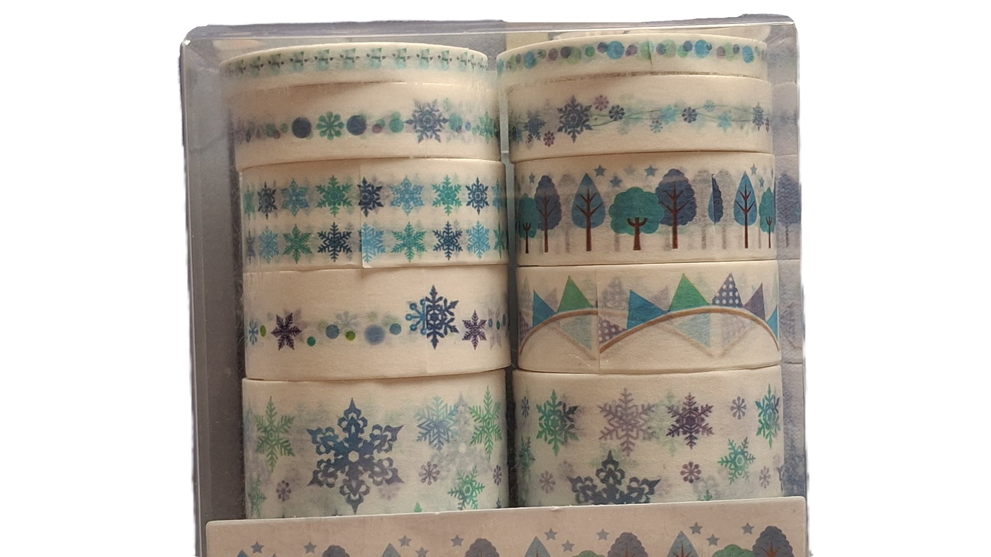 Set of washi tape rolls with nature-themed designs in a box
