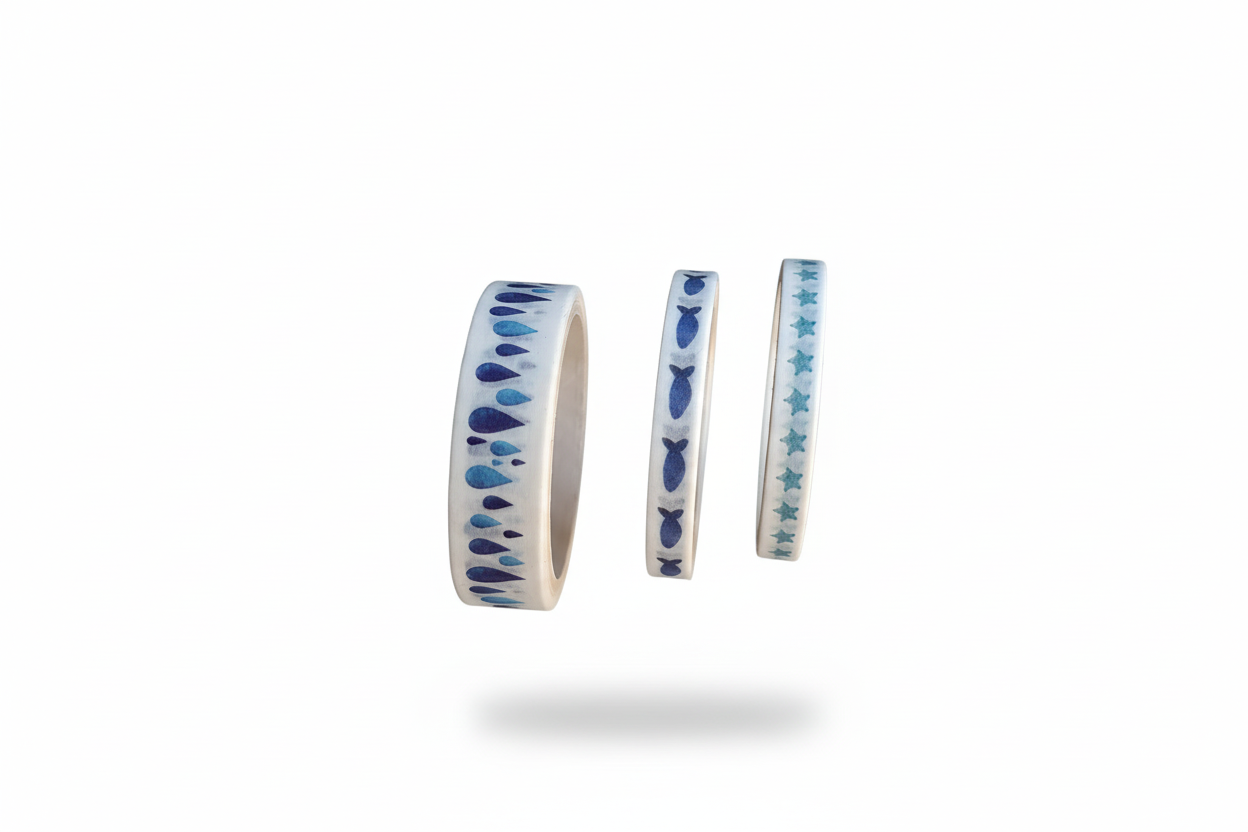 Blue washi tape rolls on white background