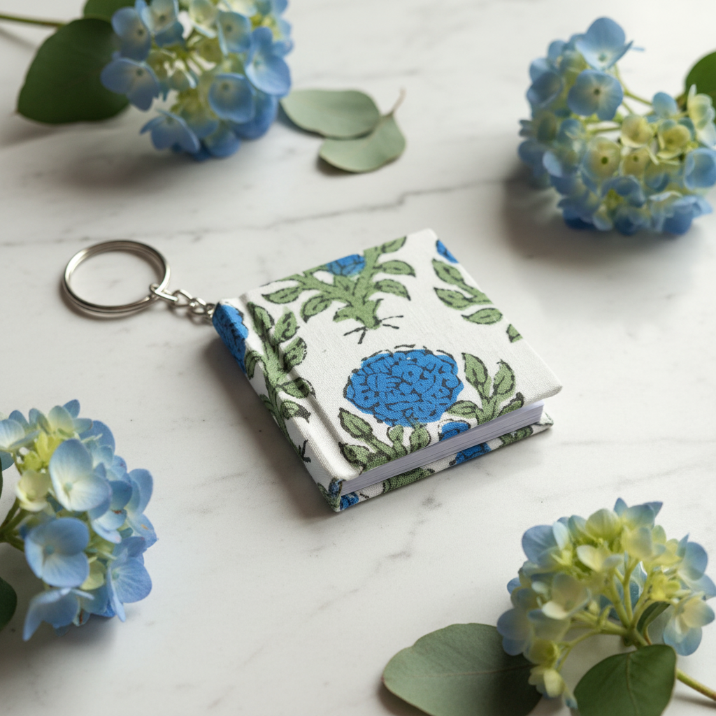 Professional Product Photo - White Blue Green Floral Keychain Diary